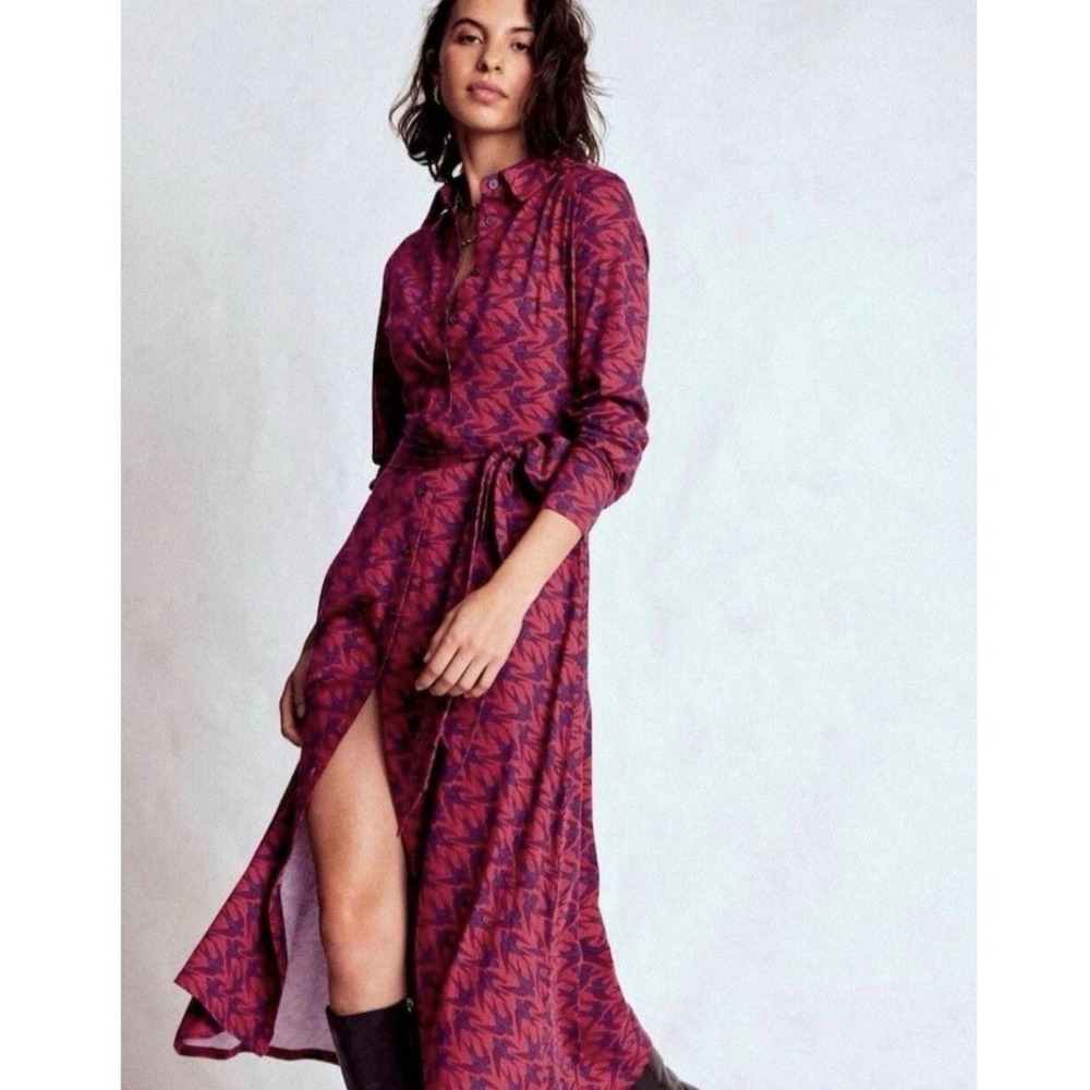 Boden Marcia Jersey Shirt Dress Red Bird Size 12R Belted